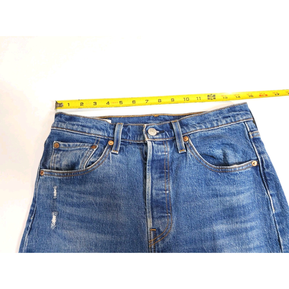 Levi's 501 Womens 28 Jeans Distressed Dark Wash Blue Button Fly Skinny Stretch - Picture 9 of 12